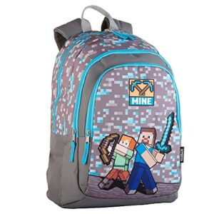 Mochila escolar de Minecraft con personajes y diseño pixelado multicolor.