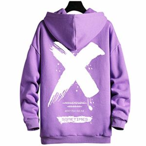 Sudadera unisex púrpura con capucha, estampado de X blanca en la espalda.