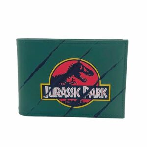 Cartera verde de Jurassic Park con logo y garras.