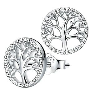 Pendientes de plata con diseño de árbol de la vida y borde decorativo.