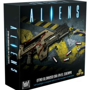 Caja del juego de mesa "Aliens: Otro Glorioso día en el Cuerpo" con una imagen de un arma futurista.