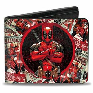 Cartera plegable de hombre con diseño de Deadpool en fondo de cómics.