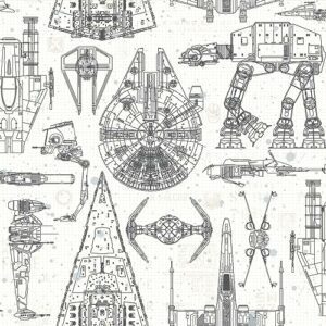 Papel pintado con diseños de naves y vehículos de Star Wars en blanco y negro.