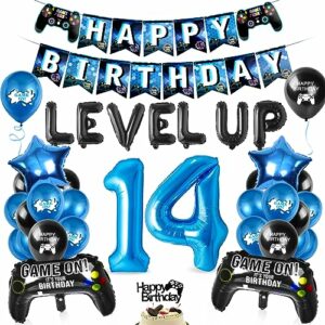 Decoración de cumpleaños temática de videojuegos con globos azules y negros, banner "Happy Birthday" y topper de torta, ideal para 14 años.