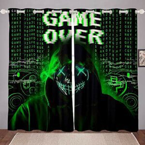 Cortinas verdes con diseño de videojuego y texto "GAME OVER", ideales para decorar salones o habitaciones.